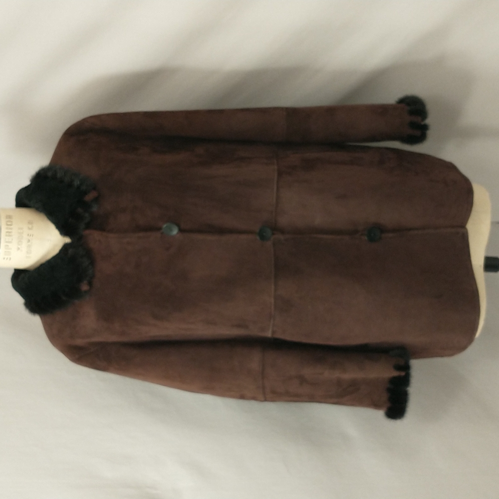 Authentic Shearling USA made Coat Long Jacket Dark Brown Suede Leather Fur Trim